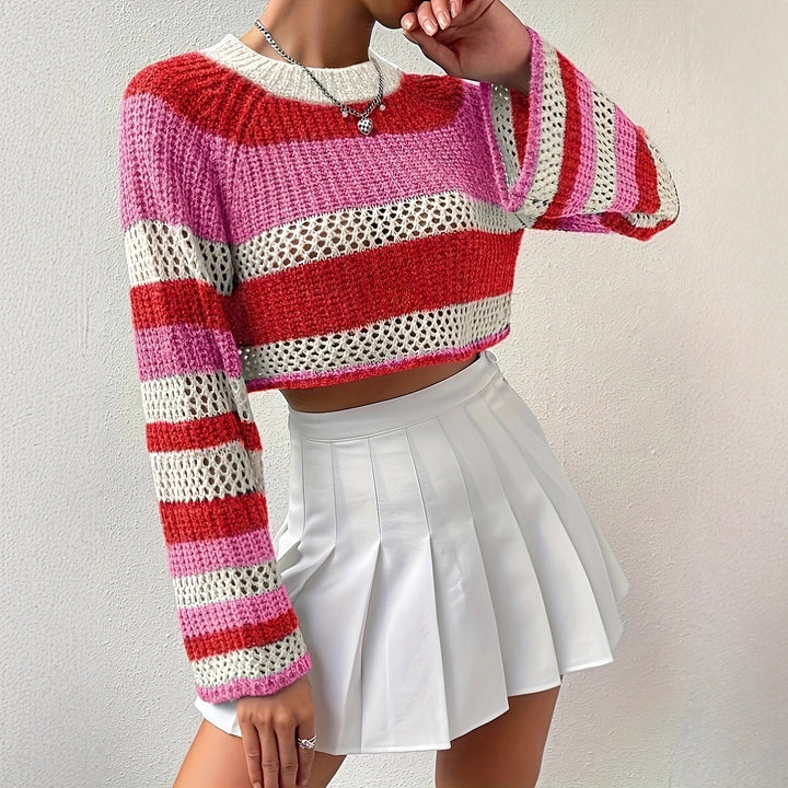 Damen Strickpullover mit verspieltem Lochmuster und bunten Streifen Drune