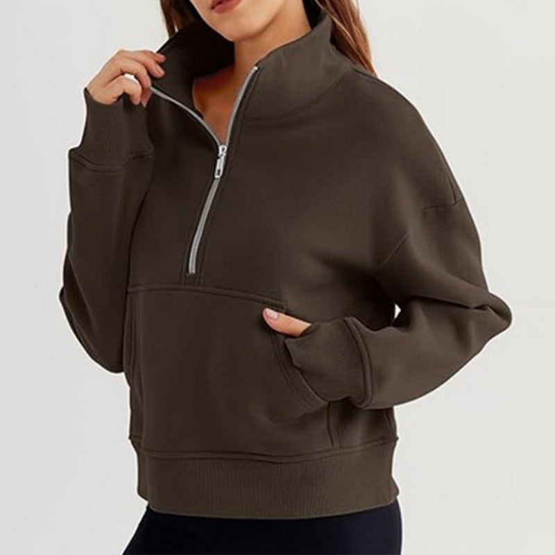 Damen lässiger Pullover mit hohem Kragen und kurzer Reißverschluss Drune