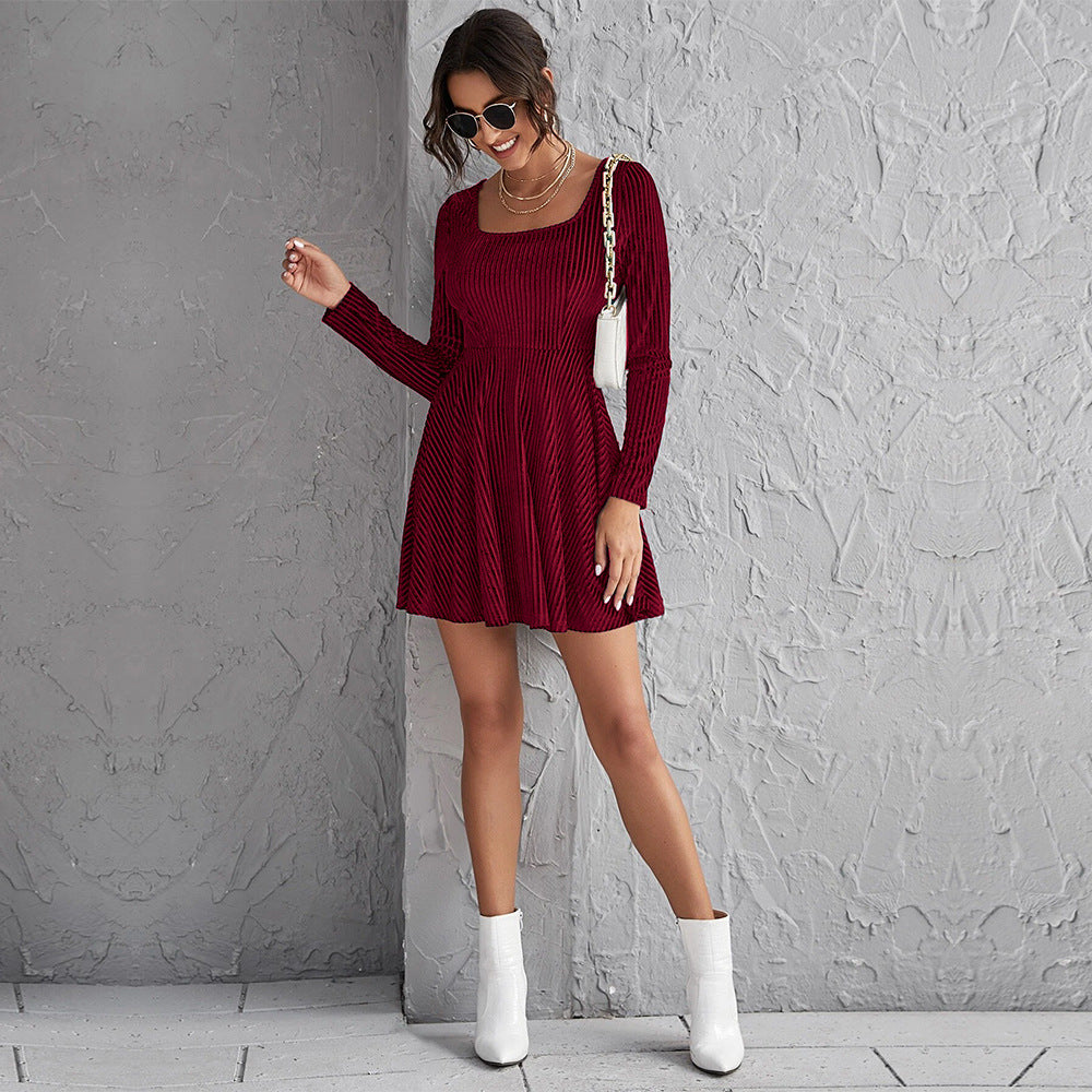 Damen Minikleid mit tiefem Quadrat-Ausschnitt und langen Ärmeln Drune