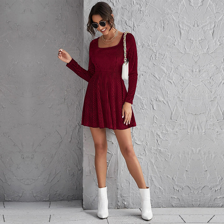 Damen Minikleid mit tiefem Quadrat-Ausschnitt und langen Ärmeln Drune