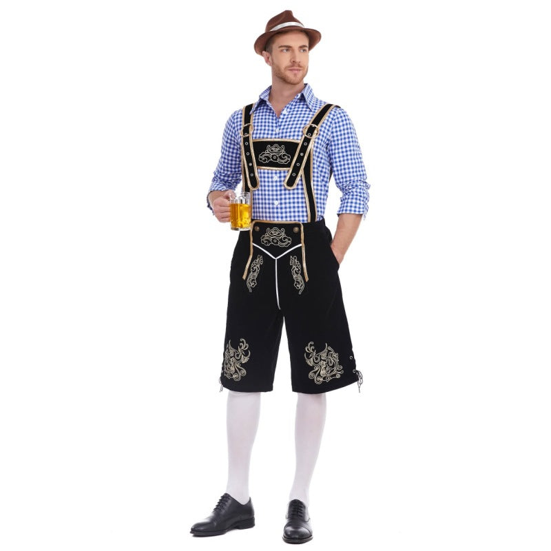 Herren nan Filzoptik-Lederhose knielang mit barocker Stickerei, verstellbaren Trägern und Dekornieten Drune