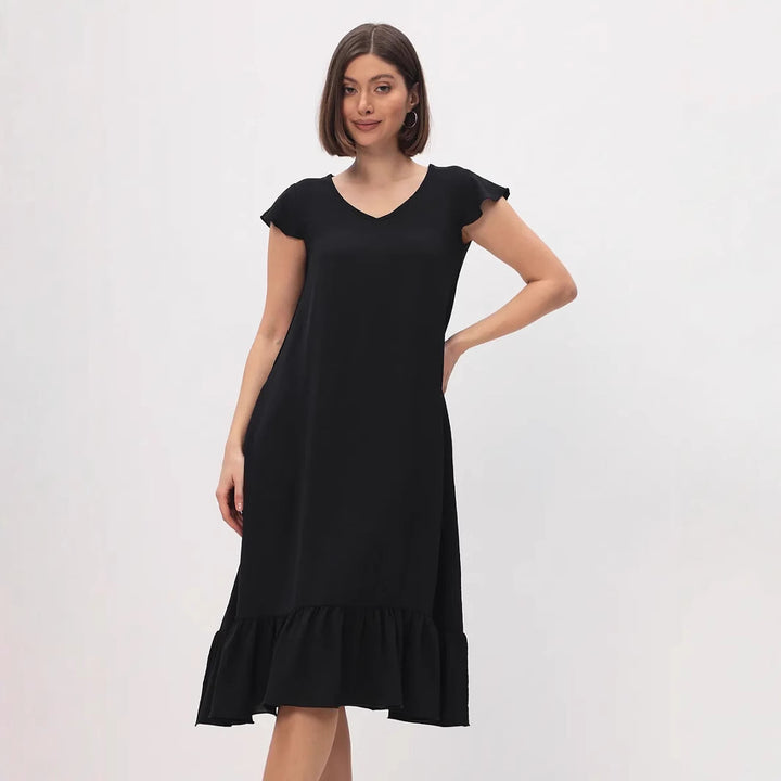 Damen Midi-Kleid mit modischem V-Ausschnitt und Rüschensaum Drune