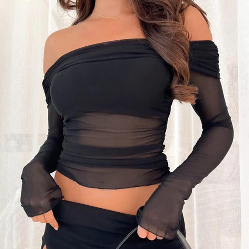 Damen Transparente Longsleeve Bluse mit weitem Ärmel Drune