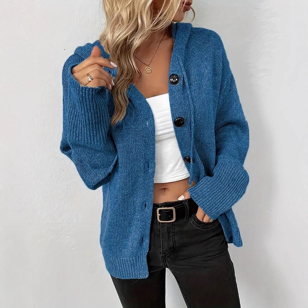 Damen gemütliche Strickjacke mit Kapuze und großen Knöpfen Drune