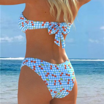Damen Bandeau-Bikini mit verspieltem Karomuster und fruchtigem Print Drune