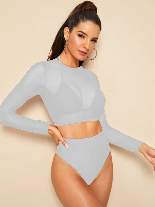 Damen Sport-Bikini-Set mit Langarm-Oberteil und Hoher Taille Drune