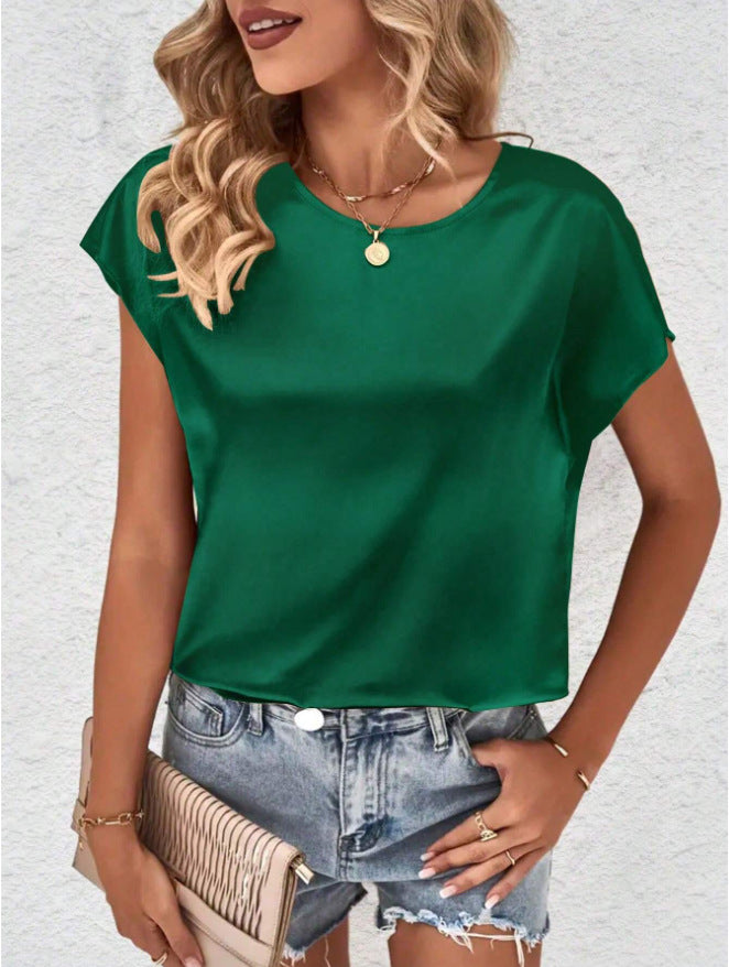 Damen Elegantes Satinoberteil mit lässigem Schnitt und kurzen Ärmeln Drune