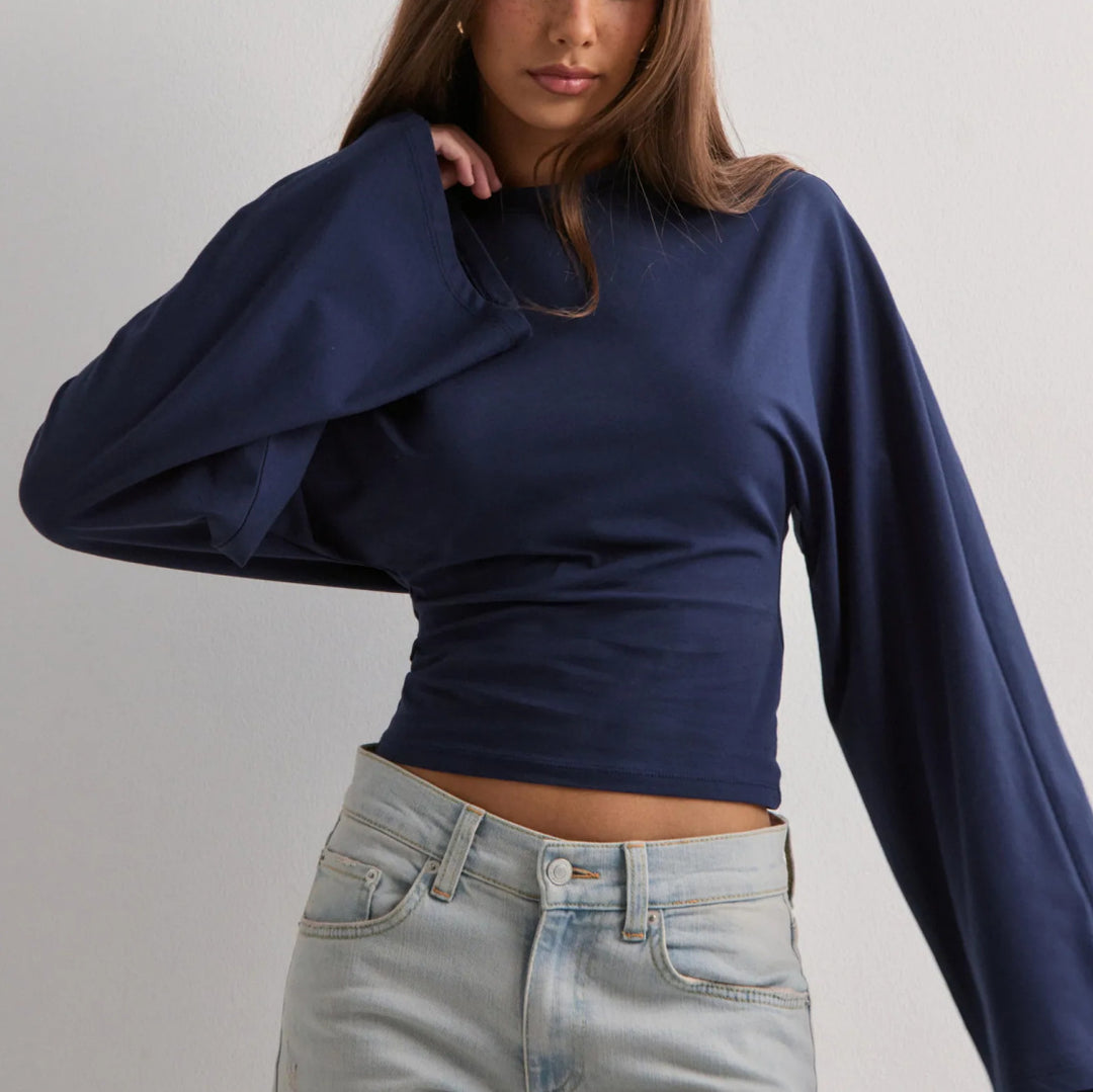 Damen cropped Langarmshirt mit weit ausgestellten Ärmeln Drune