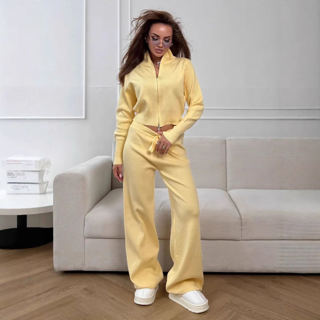 Damen Modisches Strickensemble mit Zip-Kragen und weitem Schnitt Drune