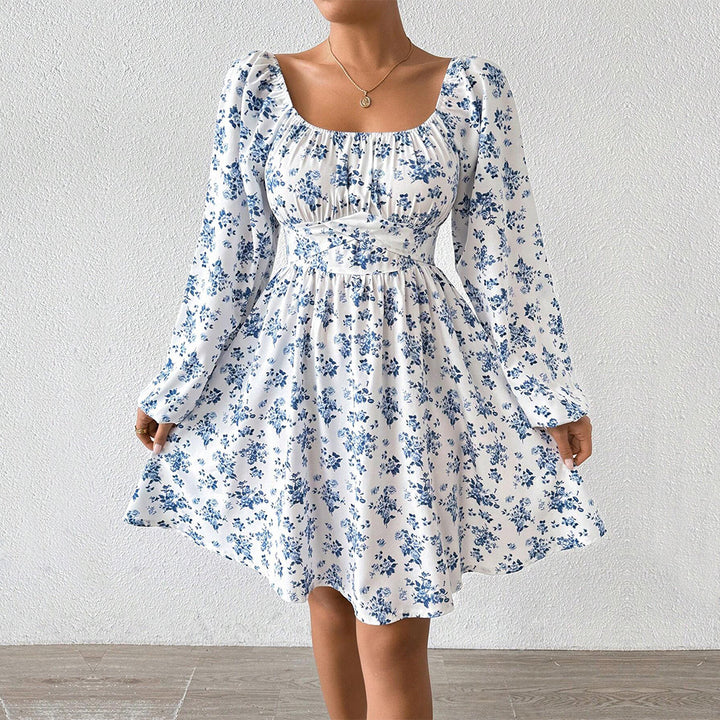 Damen luftiger Blumenkleid mit eleganter Raffung und langen Ärmeln Drune