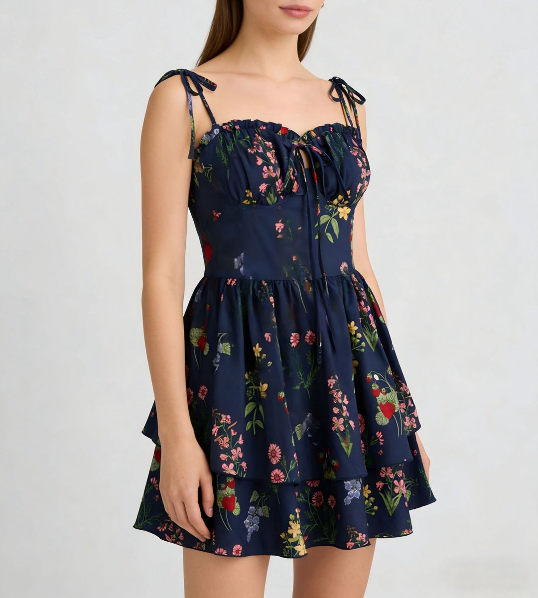 Damen Minikleid mit Blumenmuster und bordeauxfarbenem Unterrock Drune