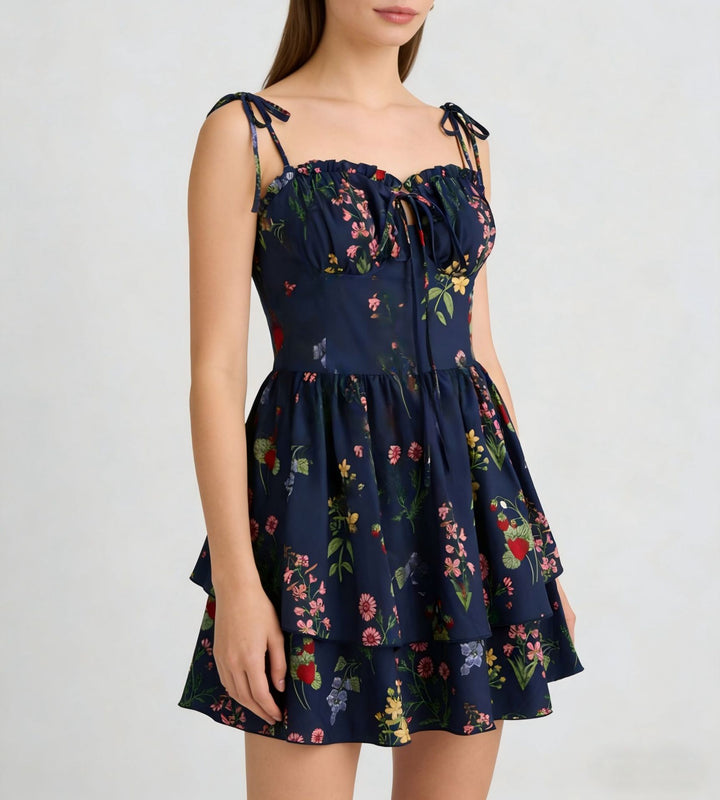 Damen Minikleid mit Blumenmuster und bordeauxfarbenem Unterrock Drune