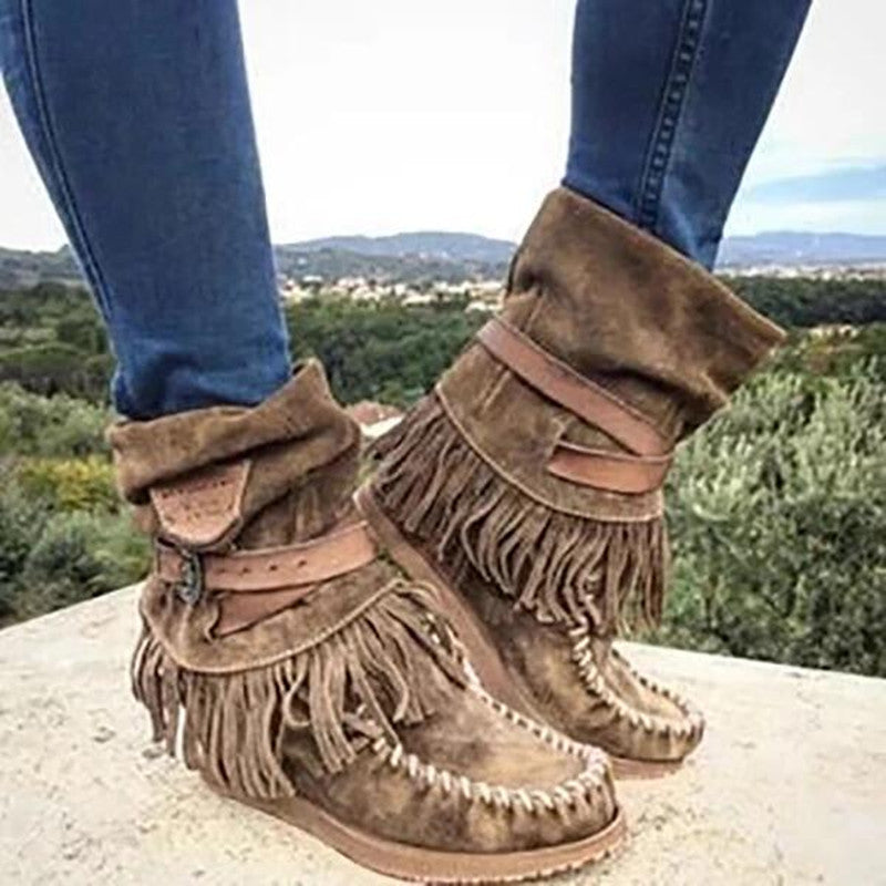 Damen nan Mokassin-Stiefelette mit Fransen, dekorativer Zierschnalle und handgenähter Mokassin-Naht Drune