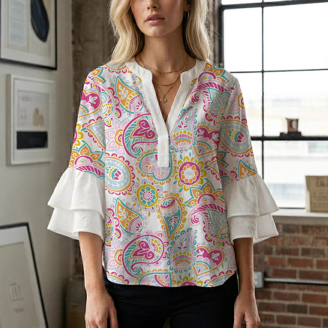 Damen Bluse mit voluminösen Flügelärmel und intensivem Blattmuster Drune