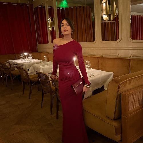 Damen elegantes langärmeliges Abendkleid mit asymmetrischem Ausschnitt und figurformendem Design Drune