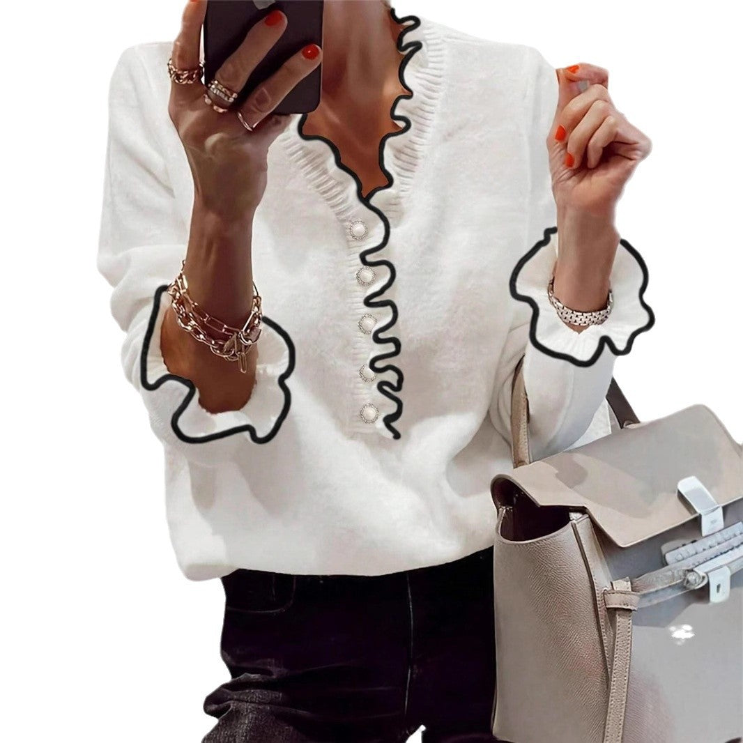 Damen Elegantes Sweatshirt mit Rüschendetails und Perlenknöpfen Drune