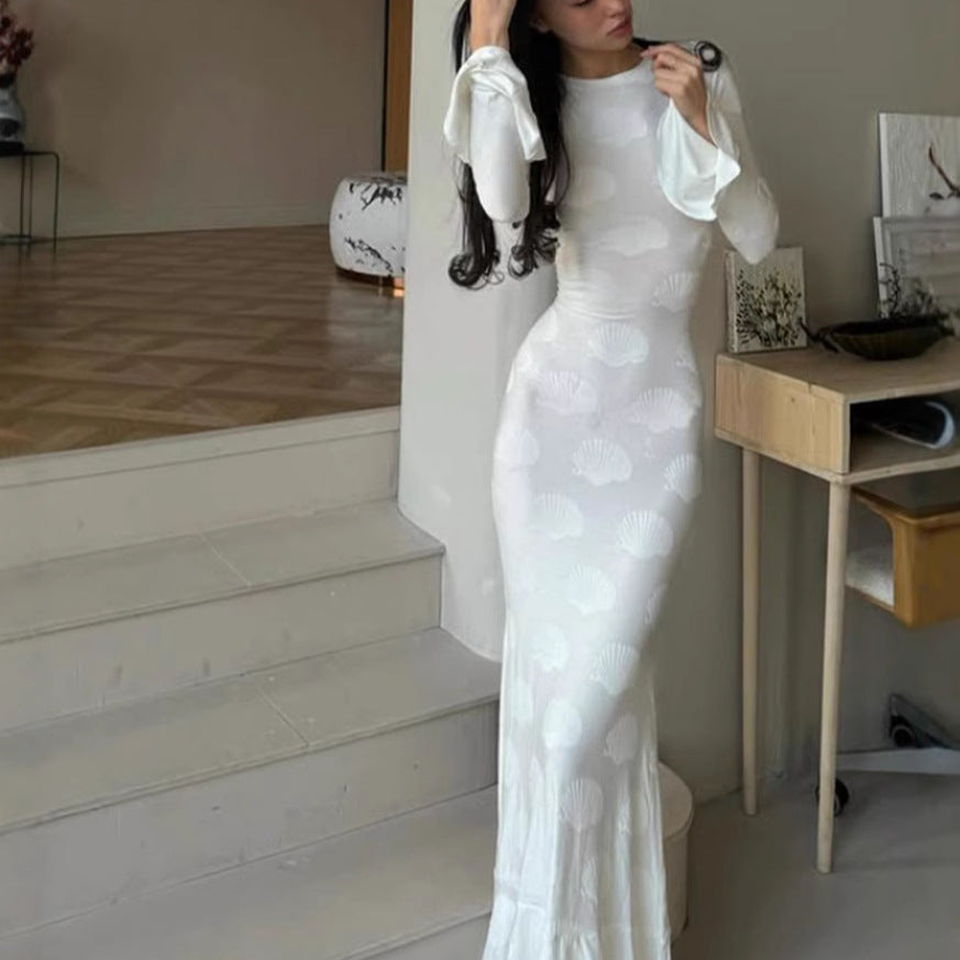 Damen figurbetontes Langkleid mit schickem Muschel-Design und elegantem Ärmelabschluss Drune