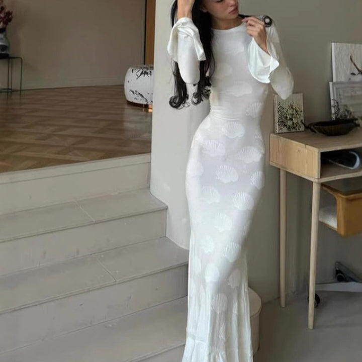 Damen figurbetontes Langkleid mit schickem Muschel-Design und elegantem Ärmelabschluss Drune