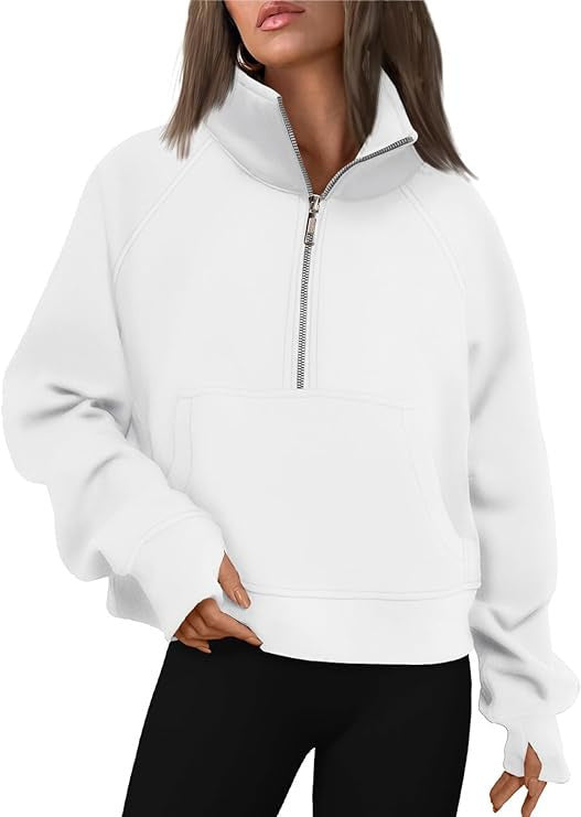 Damen nan kurzer Halfzip-Sweater mit hohem Stehkragen, Kängurutasche und verlängerten Daumenlöchern Drune