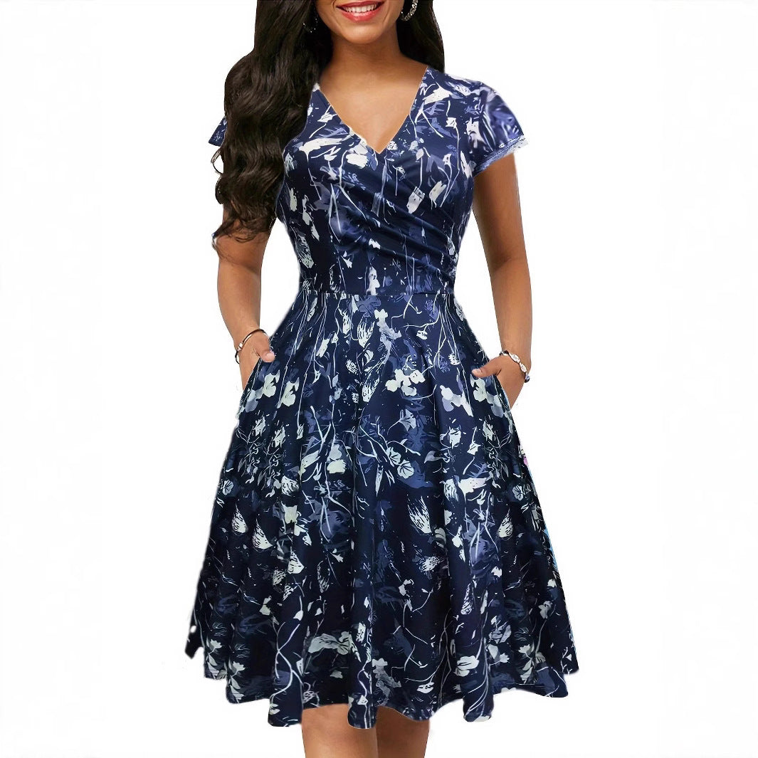 Damen Blumenkleid mit V-Ausschnitt und Taschen Drune