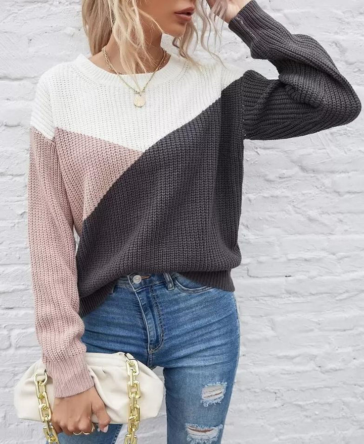 Damen Gemusterter Strickpullover mit modernem Farbblockdesign Drune