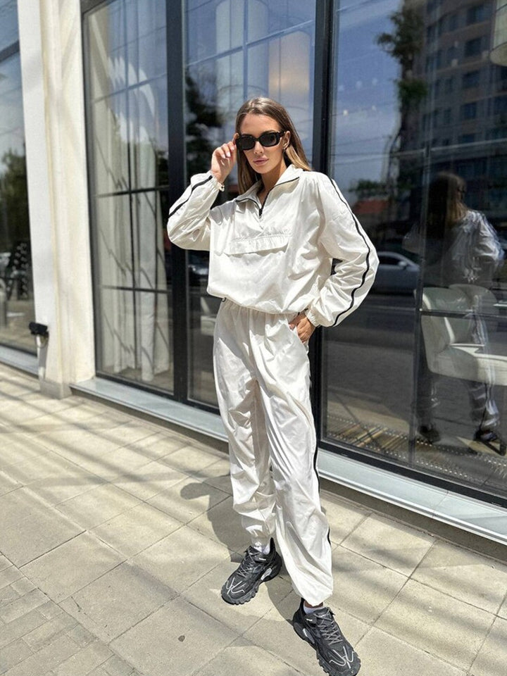 Damen sportlicher Windbreaker-Anzug mit hohem Kragen und elastischem Bund Drune