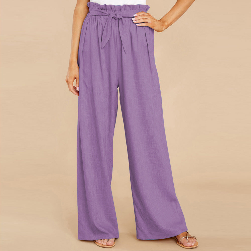 Damen nan Leinenhose mit Paperbag-Bund und weitem Bein Drune