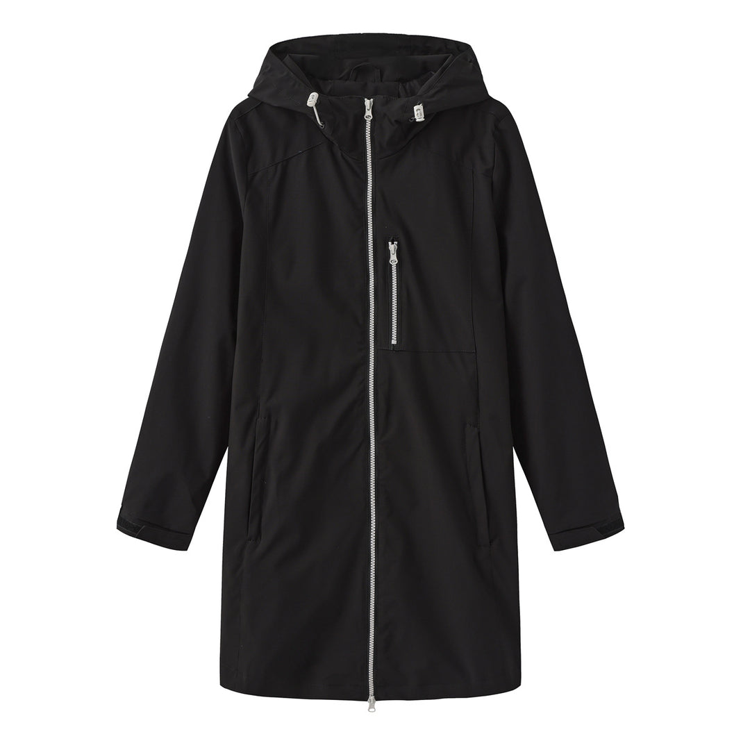 Damen nan lange schlanke Funktionsregenjacke mit durchgehendem Reißverschluss Brustreißverschlusstasche und Klettmanschetten Drune