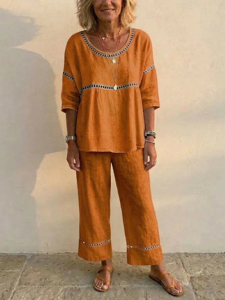 Damen Kompletter Loungewear-Anzug aus Leinen mit luftiger Passform und Spitzenakzenten Drune