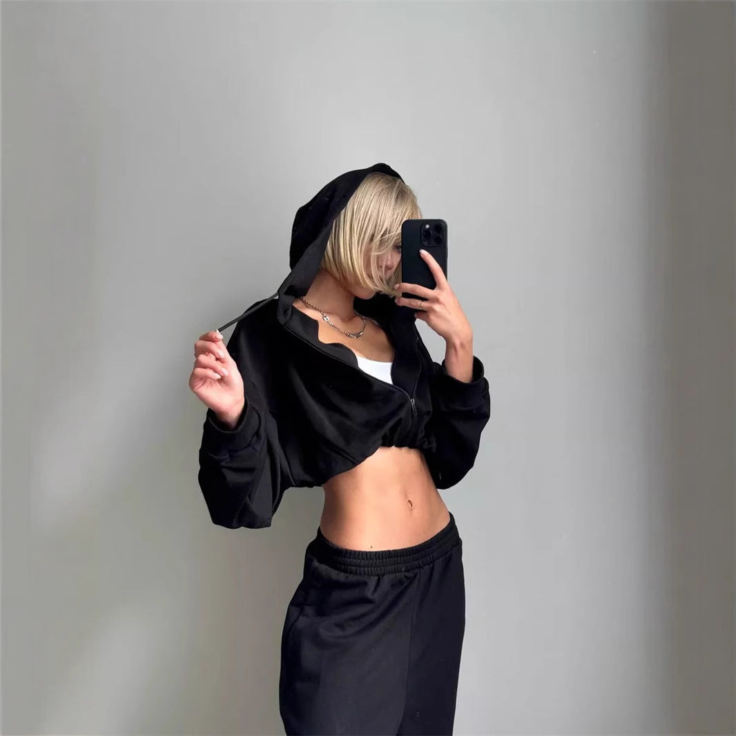 Damen nan kurz geschnittenes Zip-Hoodie und Highwaist Sweathose Lounge-Set mit Kapuze Drune