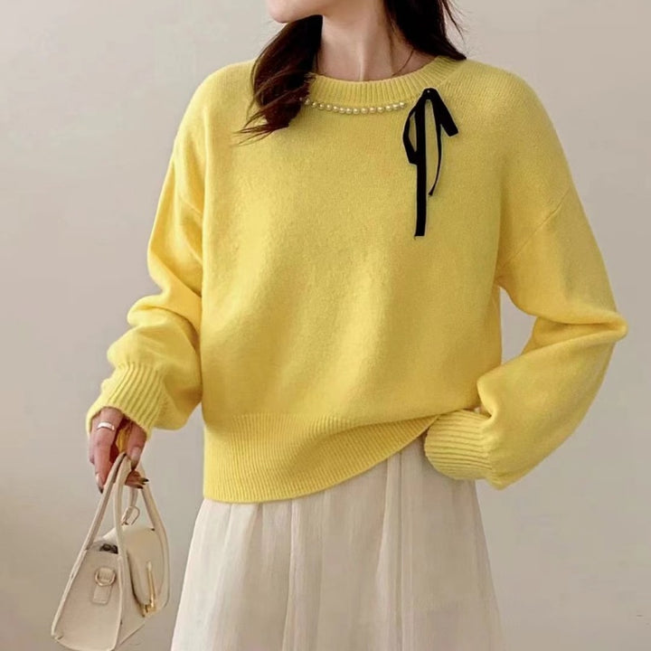 Damen modischer Pullover mit Zierband und Perlendetails Drune