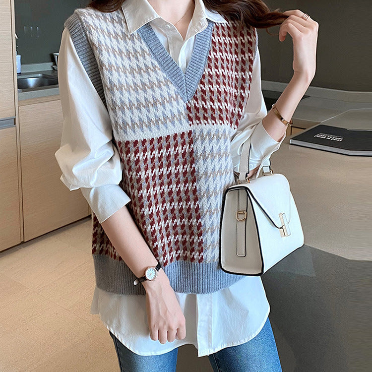 Damen Stylischer V-Neck Strickpullover im Farbblockdesign Drune