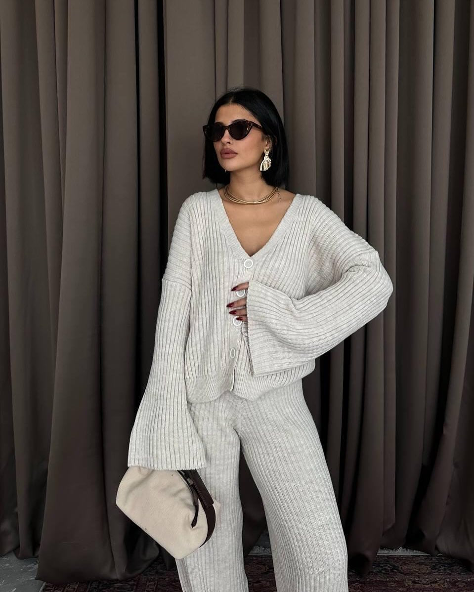 Damen lässiges Strick-Loungewear-Set mit Knopfleiste und weitem Schnitt Drune