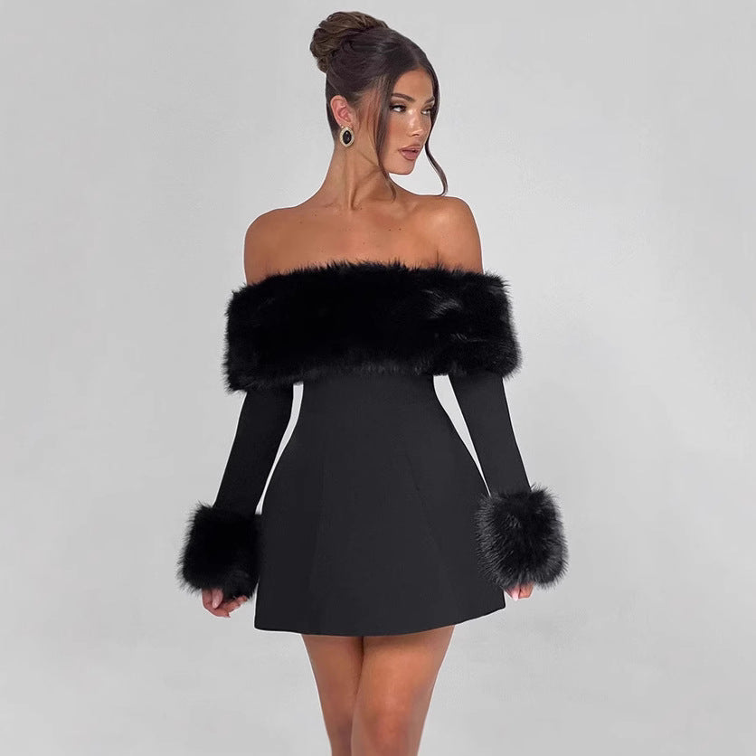 Damen Off-Shoulder Cocktailkleid mit eleganten Flauschesäumen Drune