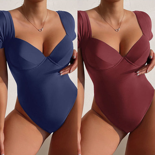Damen Einteiler Badeanzug mit eleganten Trägern und sculpturalem V-Ausschnitt Drune