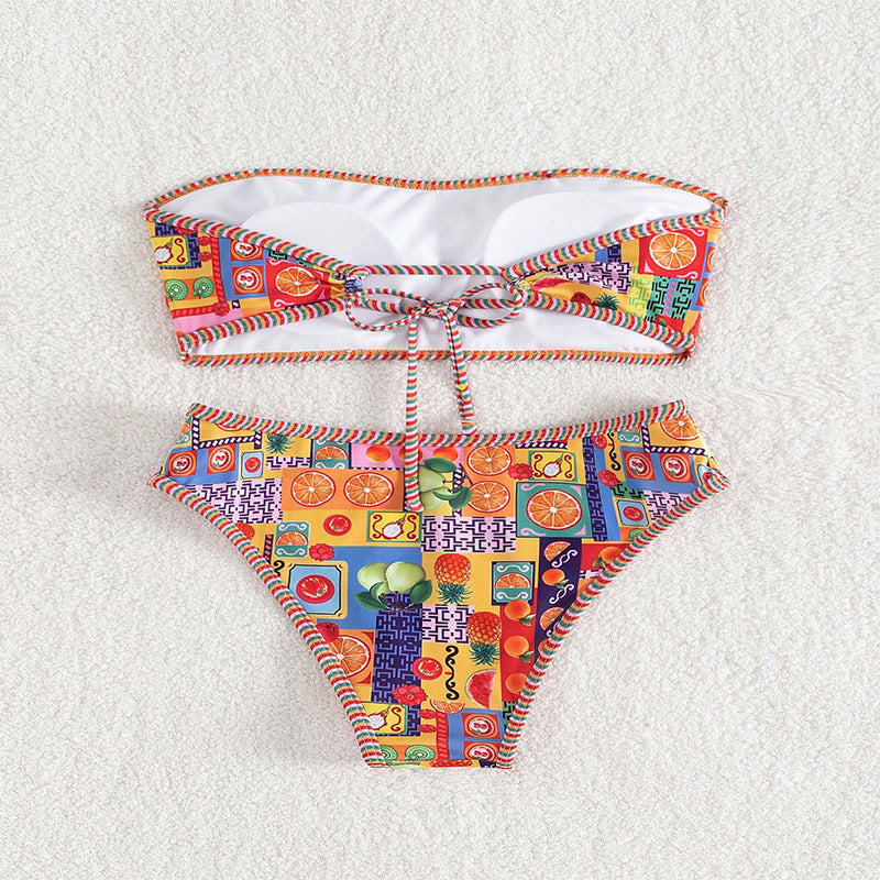 Damen Bandeau-Bikini mit fruchtigem Design und kontrastierenden Rändern Drune