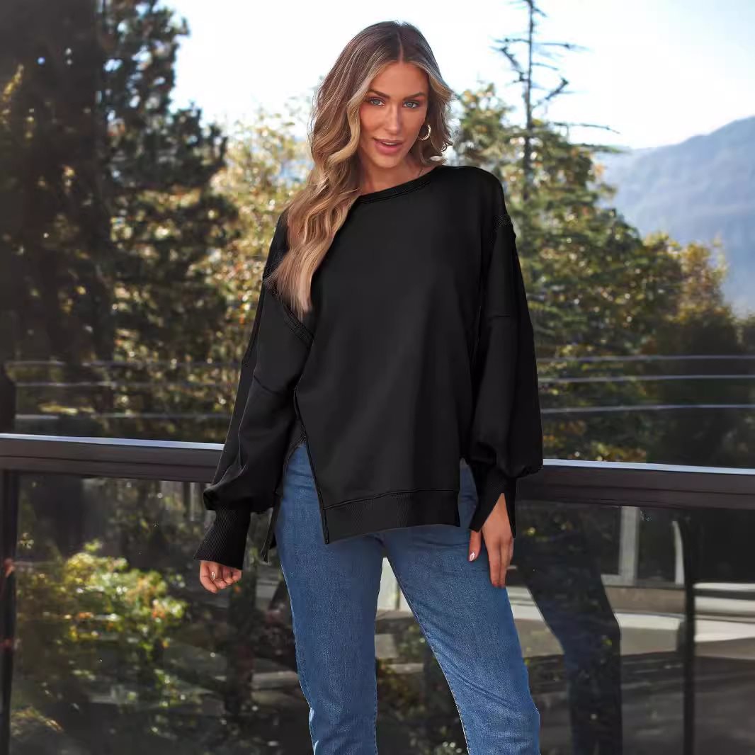 Damen Lässiger Oversize-Sweatshirt mit weitem Kragen und Seitenöffnungen Drune