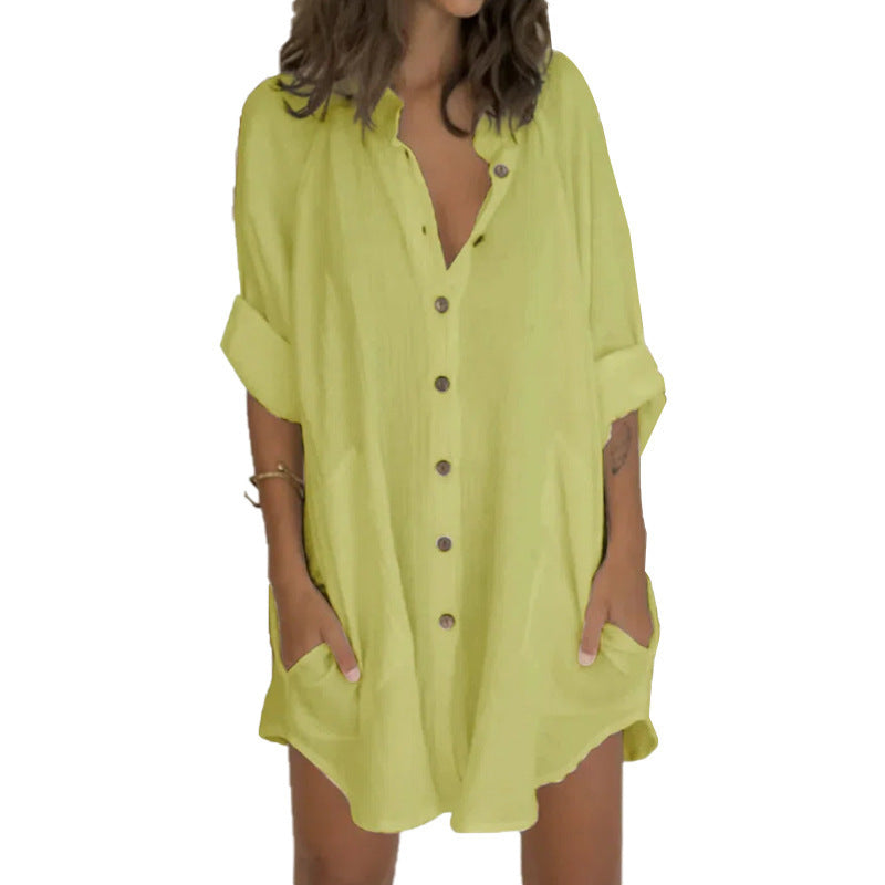 Damen Oversized Hemdblusenkleid mit praktischen Taschen und Knopfleiste Drune