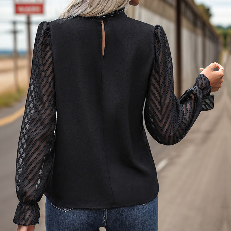 Damen Elegantes Blusenshirt mit transparenten Ärmeln und Knopfdetails Drune