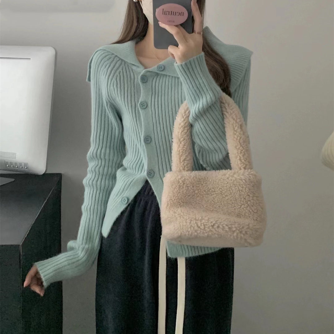 Damen feiner Strickcardigan mit modischem Kragen Drune