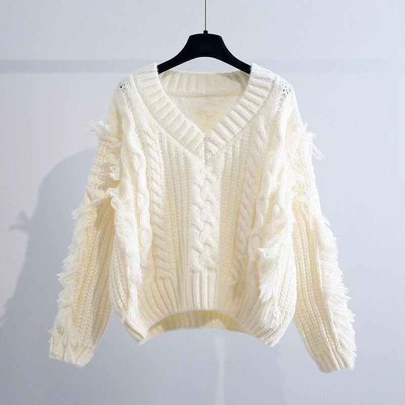 Damen Stylischer Strickpullover mit Fransen und Zopfmuster Drune