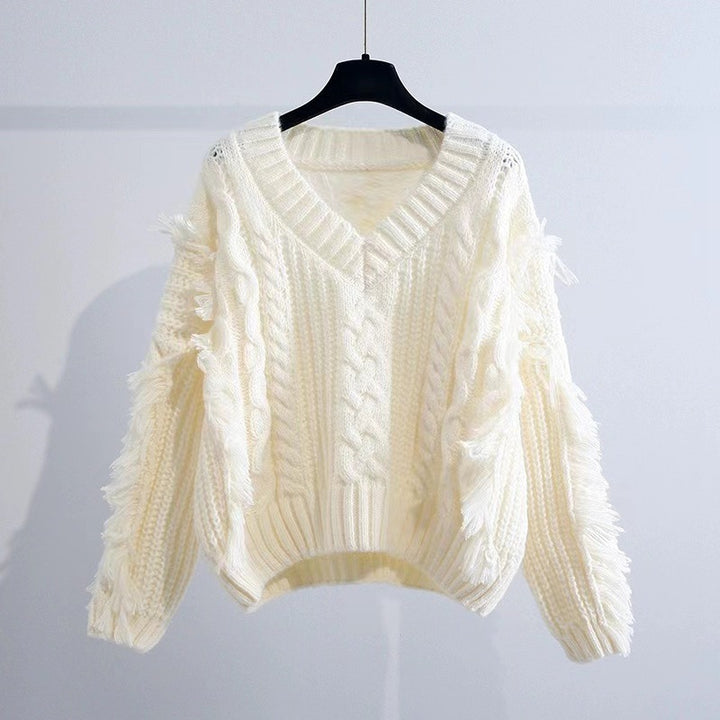 Damen Stylischer Strickpullover mit Fransen und Zopfmuster Drune