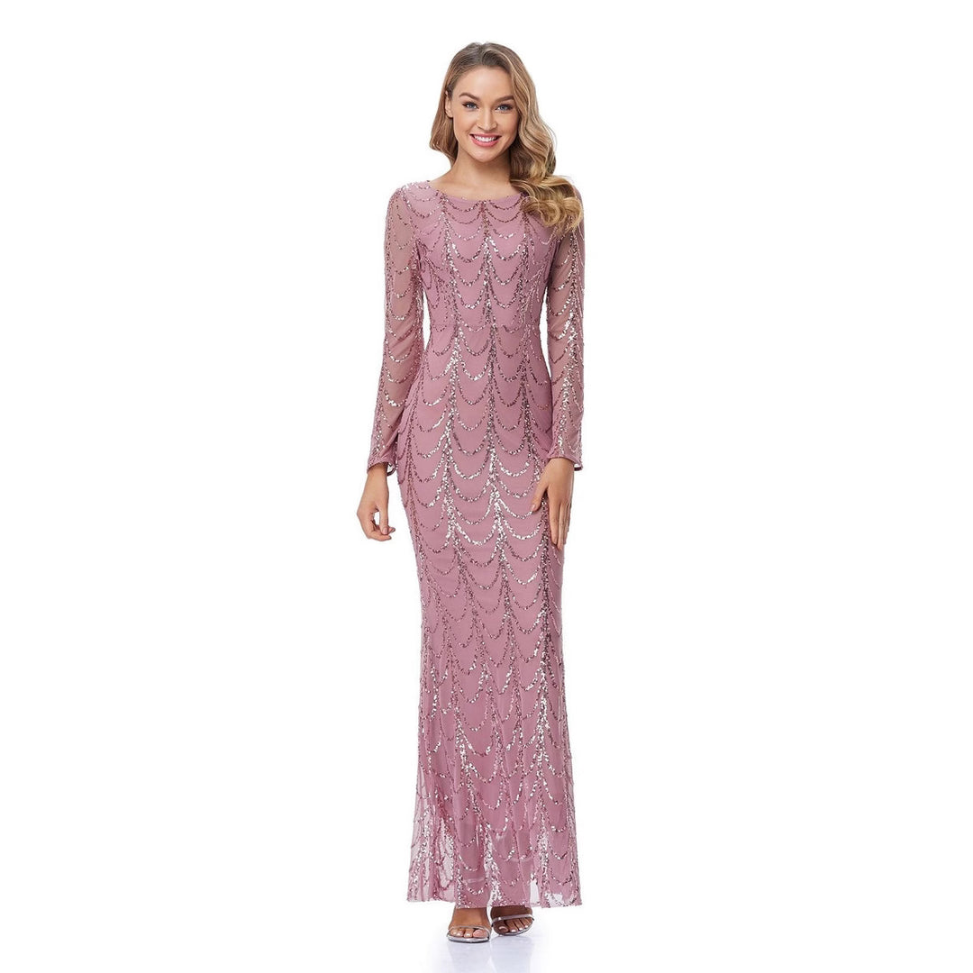 Damen Figurbetontes Abendkleid mit transparenten Ärmeln und Paillettenverzierung Drune