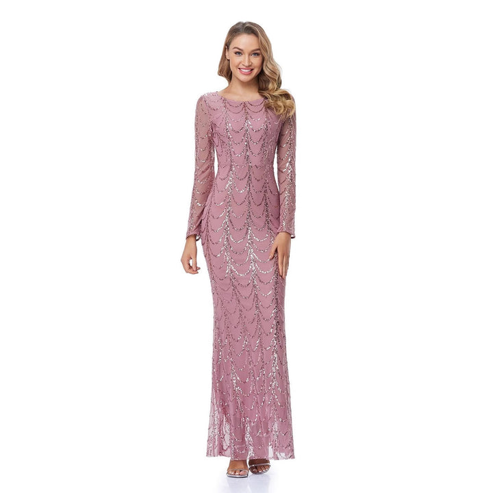 Damen Figurbetontes Abendkleid mit transparenten Ärmeln und Paillettenverzierung Drune