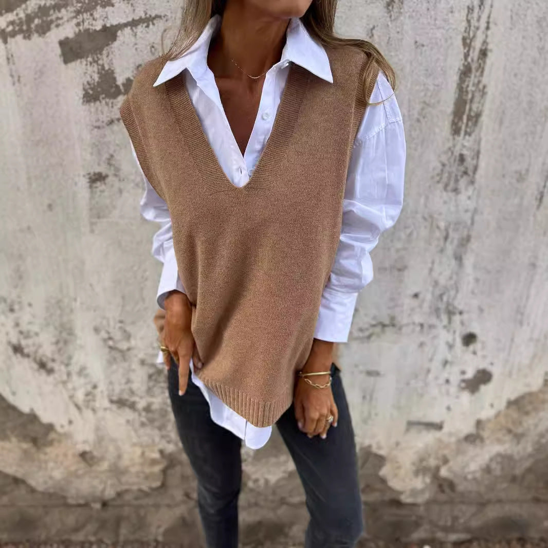 Damen lässiger Strickpullover mit V-Ausschnitt Drune