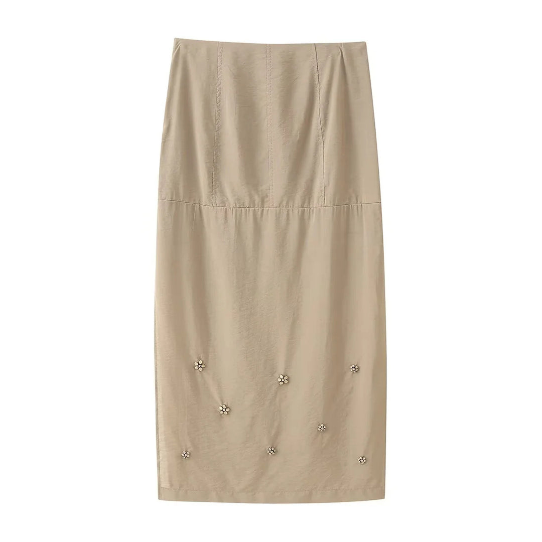 Damen eleganter Midirock mit floralen Applikationen Drune