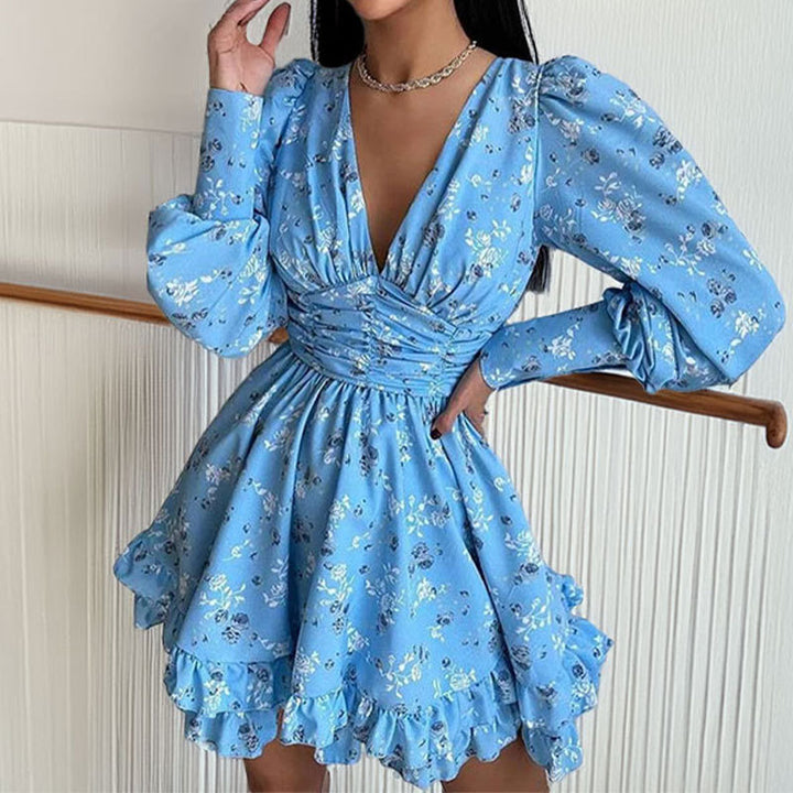 Damen kurzes Kleid mit lockeren Ärmeln und verspieltem Blumenmuster Drune