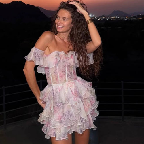 Damen Off-Shoulder Rüschenkleid mit floralem Print und elastischem Bustier Drune