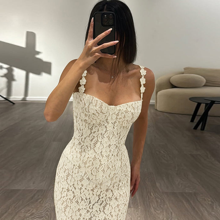 Damen Elegantes Spitzen-Spaghettiträgerkleid mit femininer Silhouette Drune