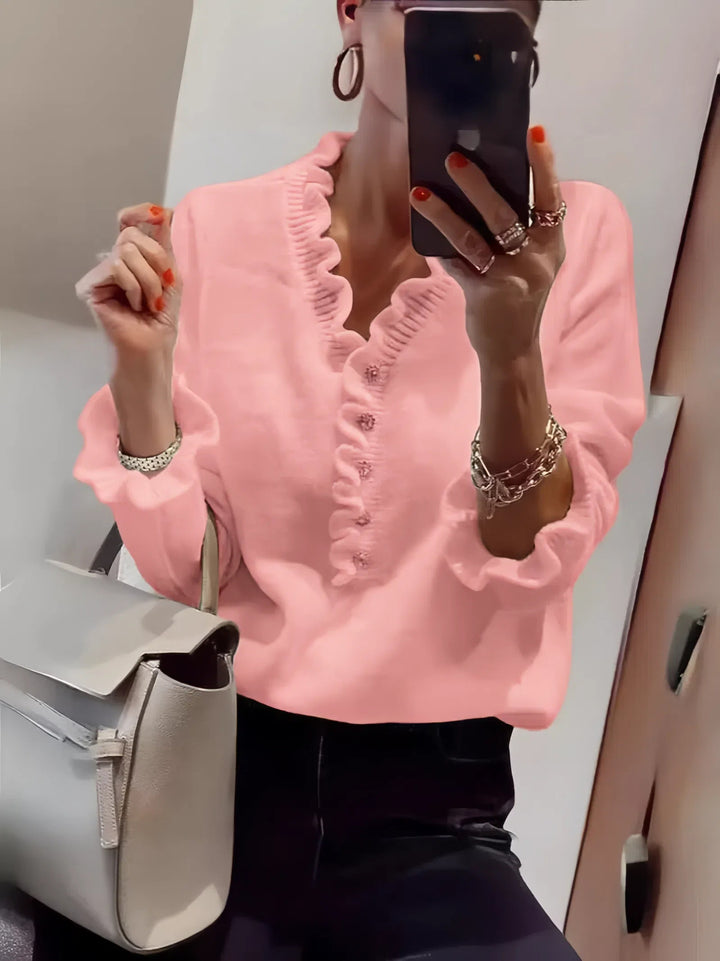 Damen Bluse mit fließendem Rüschendesign und Knopfleiste Drune